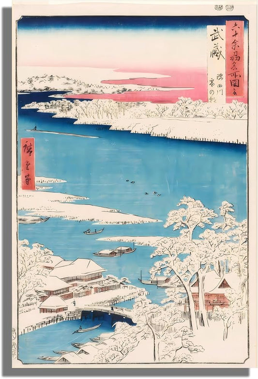 OKRA Utagawa Hiroshige Canvas Wall Art - Sumida River, Snowy Morning Poster - Japanese Posters Nature Landscape Art Room Aesthetic Decor Traditional Japanese Wall Decor Unframed