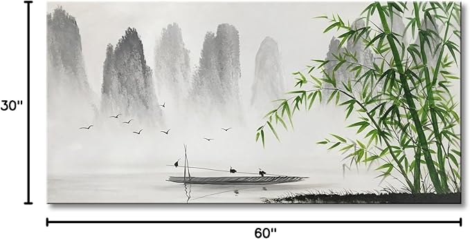 Large Hand Painted Traditional Chinese Painting Black and White Modern Landscape Canvas Wall Art Handmade Bamboo Artwork