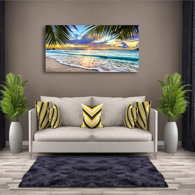 Beach Canvas Wall Art Seascape Theme Pictures Home Decor Blue Ocean White Wave Palm Tree Prints Paintings for Living Room Bathroom Bedroom Kitchen Office Decoration Natural Scenery Artwork 24x48inches