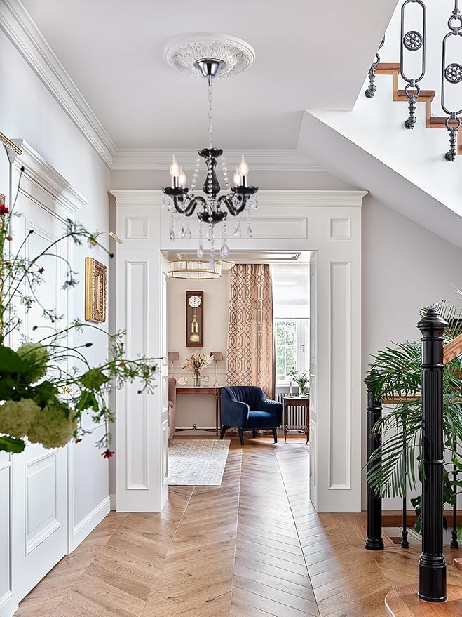 MALOSA Small Black Crystal Chandeliers,4 Lights Mini Black Glass Chandelier for Living Room,Bedroom,Dining Room,Kitchen Island.