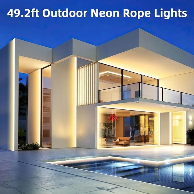Lamomo Outdoor Neon Rope Lights, 49.2ft Warm White IP65 Waterproof Dimmable Led Strip Lights, 24V 3000K Silicone 1800 LEDs Neon Lights for Indoor, Outdoor, Balcony, Patio, Garden, Stairs