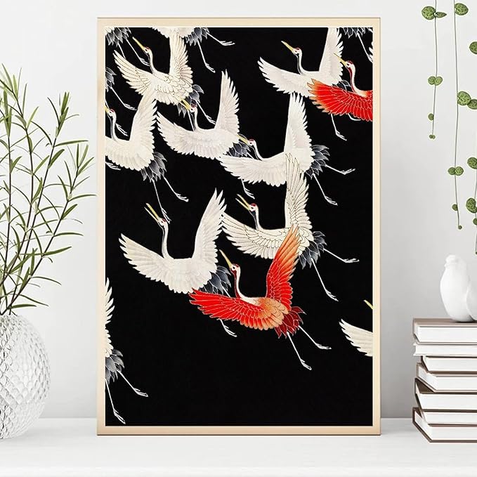OZCONO Japanese Flying Cranes Wall Art Print, Black and Red Traditional Art, Unframed Gallery Quality Giclée Print (14L x 11W)