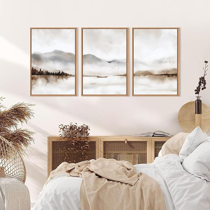 Neutral Abstract Mountain Framed Canvas Print Wall Art Set,Watercolor Beige and Gray Calming Landscape Wall Decor,Modern Minimalist Nature Artwork for Living Room,Bedroom-24 x36 x3