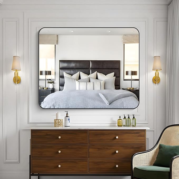 KOCUUY 40"x48" Large Rectangle Vanity Mirror, Black Metal Frame Mirror with Rounded Corner, Modern Design of Upgraded Shatterproof Glass for Bathroom, Bedroom, Living Room, Entryway