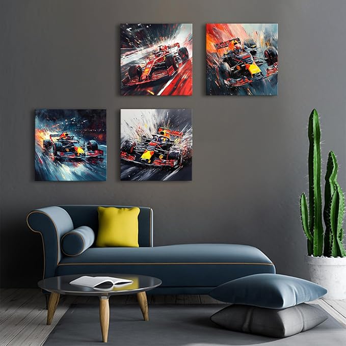Abstract Supercar Wall Art for Man Cave Colorful Formular Car Pictures Cool Boys Bedroom Posters Black and White Cyberpunk Vehicle Canvas Prints Sport Artwork Playroom Office Home Decoration 20x20" 4P