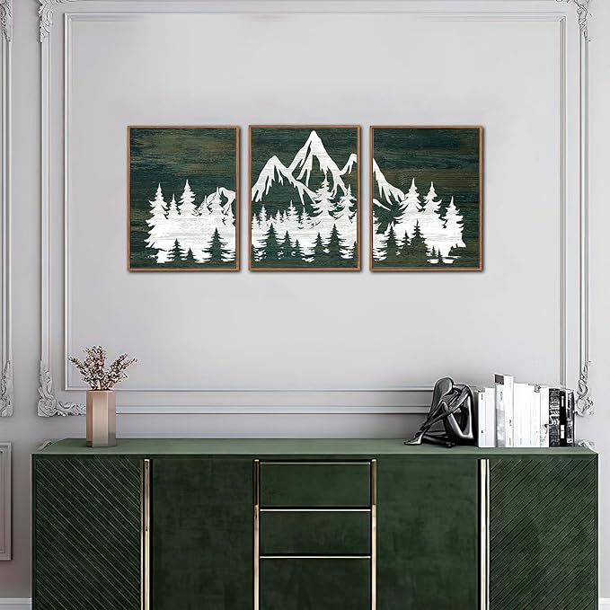 LHIUEM Framed Mountain Tree Canvas Wall Art Set of 3(12”X16”)Modern Greenery Forest Prints Abstract Country Mountain Rainier Wood Wall Picture Horizontal Long Wood Zen Artwork for Living Room Bedroom