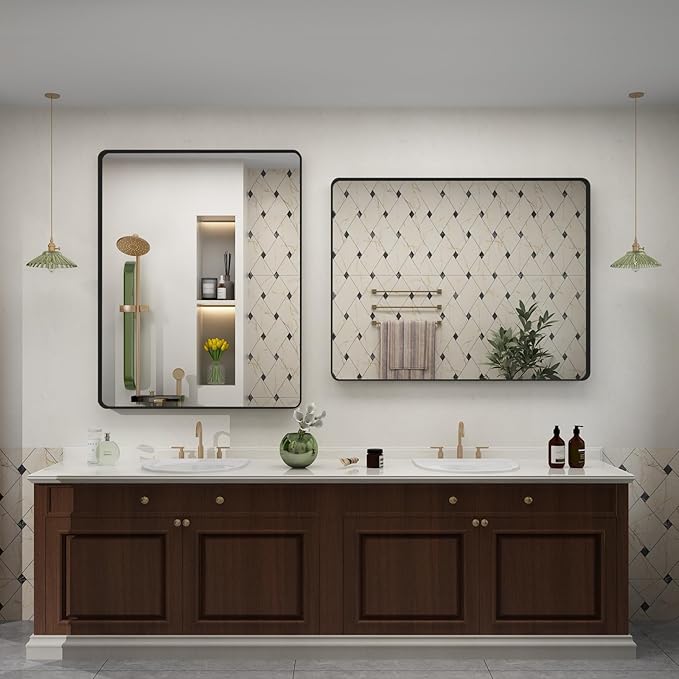 32x36 Inch Black Metal Framed Bathrrom Mirror for Wall, Black Rounded Rectangle Mirror, Matte Black Bathroom Vanity Mirror, Anti-Rust, Tempered Glass, Hangs Horizontally or Vertically