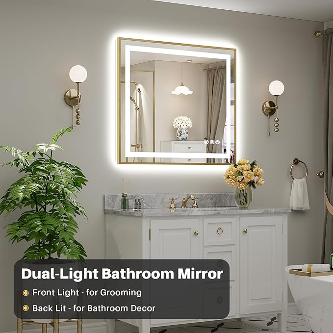 40x36 Inch LED Bathroom Mirror with Gold Frame, Backlit & Front Lit, Anti-Fog Lighted Bathroom Vanity Mirror for Wall, Memory Function, Dimmable, HD Tempered Glass, Shatter-Proof