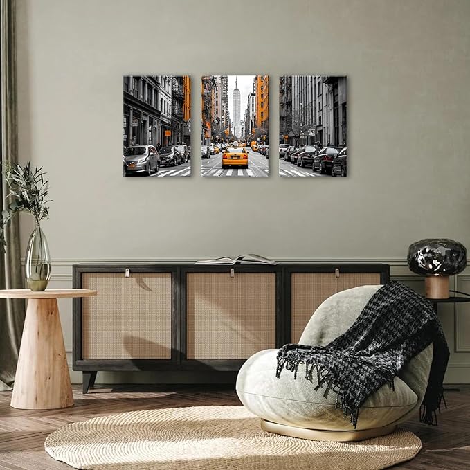 Black and White Canvas Wall Art Framed New York City Wall Decor for Living Room Orange Taxi Photo Print Nyc Urban Skyscraper Picture Car Photography Artwork Bedroom Office Home Decorations 16x24 3pcs