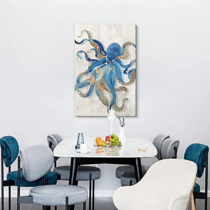 Octopus Canvas Wall Art Ocean Life Theme Painting Blue and Gold Sea Animal Picture Coastal Artwork Framed Octopus Picture For Bathroom Bedroom Livingroom Wall Decoration 24x36Inch