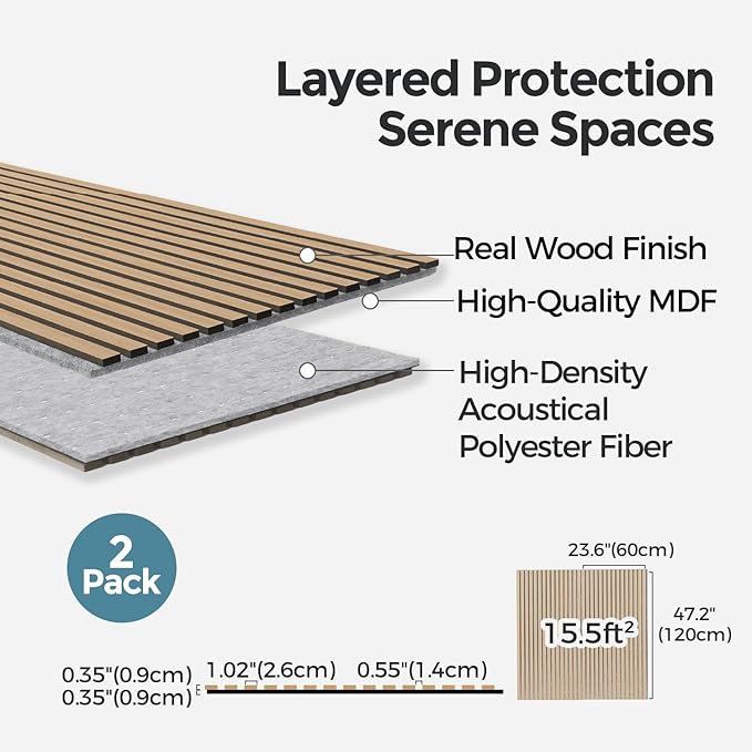 AKUMAX 2 Pack Large Acoustic Panels- 96x24Inches 3D Wall Panels Wood Wall,Decorative Peel Soundproof Wall Panels (Classic Oak)