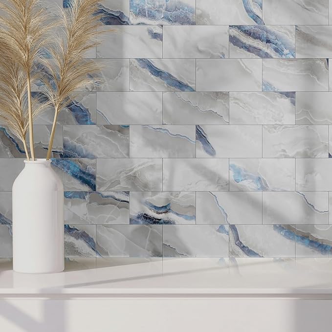 16-Pack Peel and Stick Marble Wall Tiles, Waterproof 4" x 8" Glossy Imitation Ice Blue Marble, PVC Shower Panels for Kitchen, Bathroom, and Fireplace