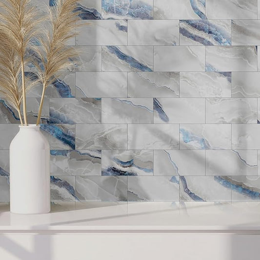 16-Pack Peel and Stick Marble Wall Tiles, Waterproof 4" x 8" Glossy Imitation Ice Blue Marble, PVC Shower Panels for Kitchen, Bathroom, and Fireplace