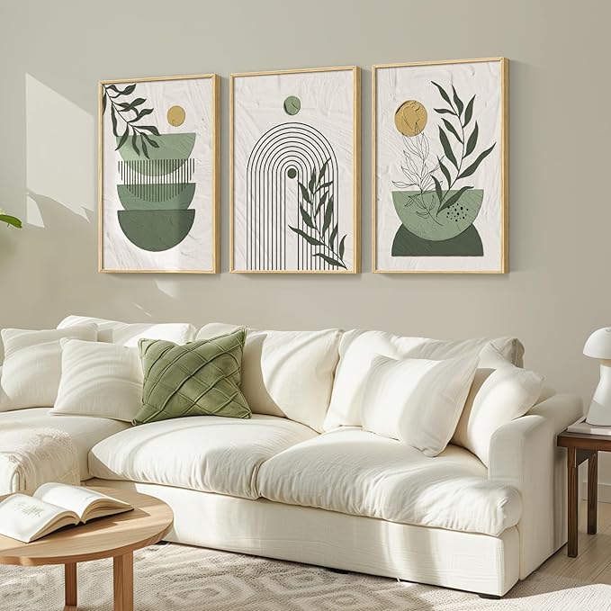 Large Boho Framed Sage Green Canvas Wall Art, 3 Pieces White Green Prints Paintings Artwork for Walls, Bohemian Wall Hanging Pictures for Living Room, Hallway, Office Wall Decor -Total 30x60 Inch