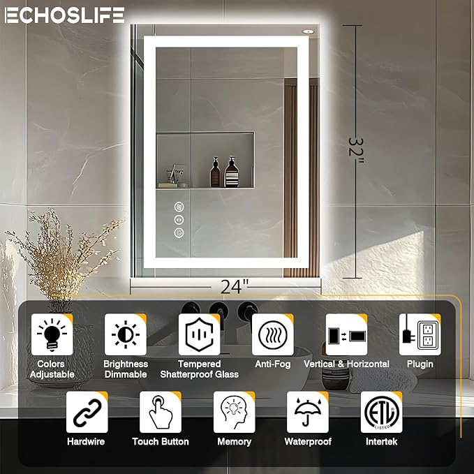 24"x32" LED Bathroom Mirror - Front & Backlit, Anti-Fog Vanity Mirror with Dimmable Lights, 3 Colors Smart Mirror (Horizontal/Vertical)