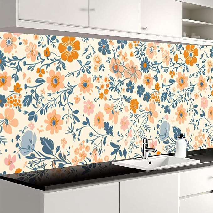 Nuxovilar Orange Grey Floral Mosaic Textured Peel and Stick Wallpaper, 15.75"x39.37", Self-Adhesive Contact Paper, Artistic Tile-Look Pattern for Bedroom, Living Room and Table Decor
