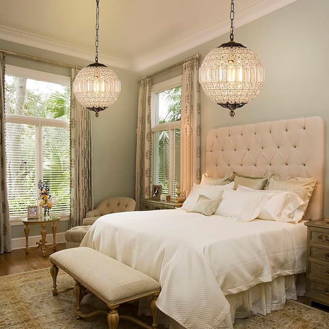 Antique Crystal Globe Chandelier, 11.8" Vintage Small Sphere Chandelier Crystal Pendant Light Fixture for Foyer Dining Room Kitchen Island Bronze