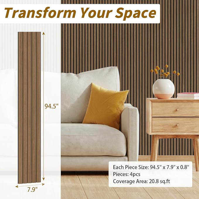 4-Piece Acoustic Wood Wall Panels for Wall and Ceiling, 3D Fluted Soundproof Wood Slat Wall Panels for Interior Wall Decor, 94.5" x 7.9"-Walnut