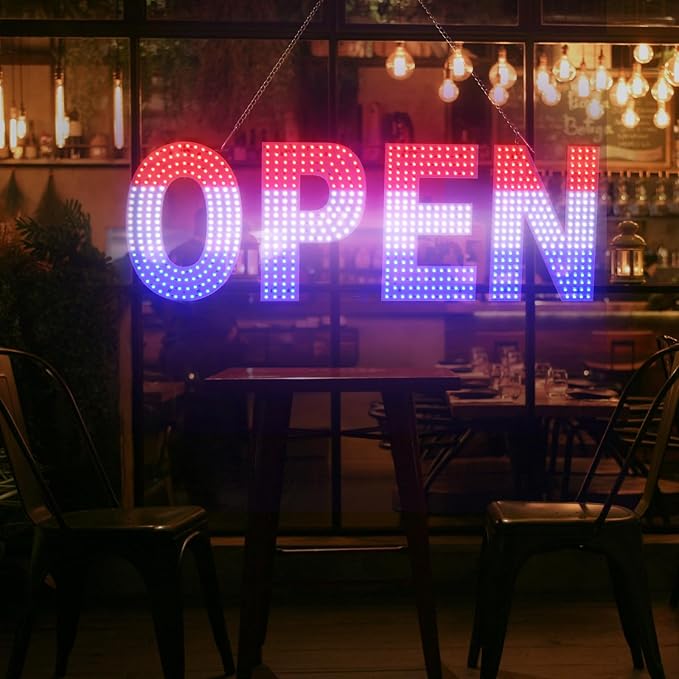 LED Open Signs for Business, 30"x10" Dimmable Brightness Large Electric Light Up Sign, Hanging Installation for Store Restaurant Office Bar Hotel Salon (Red&White&Blue)