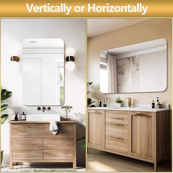 Mirrorons 48 x 30 Frameless Bathroom Mirror, Rounded Corner Bathroom Vanity Mirror, Modern Wall Mounted Vanity Mirror for Living Room, Bedroom, Bathroom, Entryway (Horizontal/Vertical)