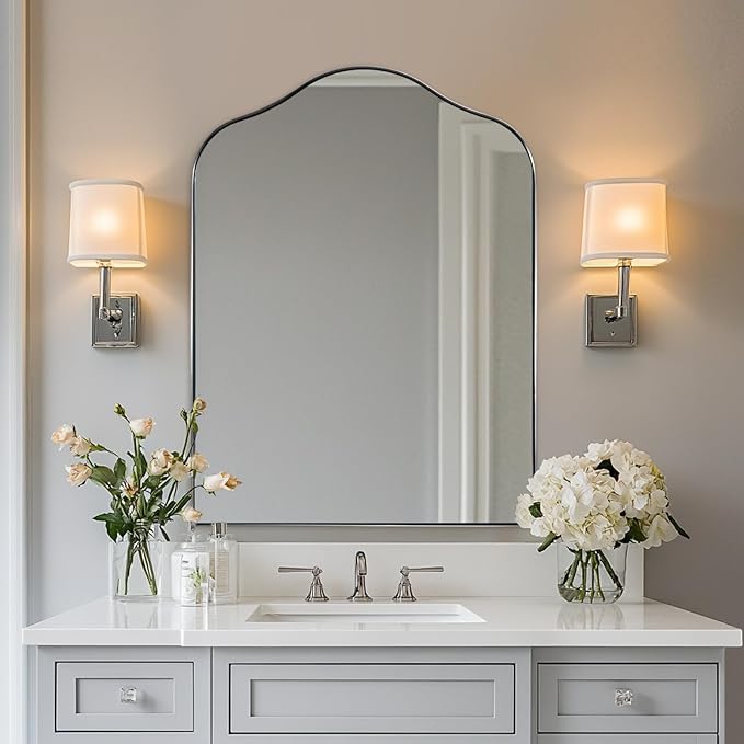 ANDY STAR Scalloped Arched Mirror, 30x40 Brushed Nickel Irregular Bathroom Mirror for Vanity, Asymmetrical Curved Top with Anti-Rust Stainless Steel Frame, for Entryway, Bedroom, Mantel, Fireplace