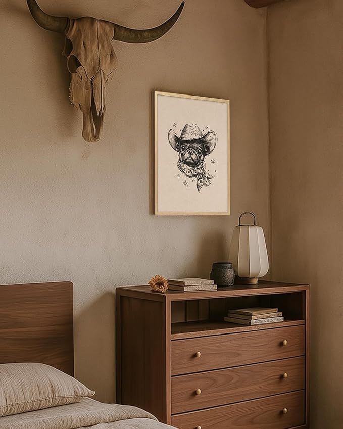 ARPEOTCY Small Framed Canvas Wall Art, 12x16in, Vintage Cowboy Dog Art, Western Room Wall Decor for Bedroom Office Nursery Shelf, Cowdog Artwork