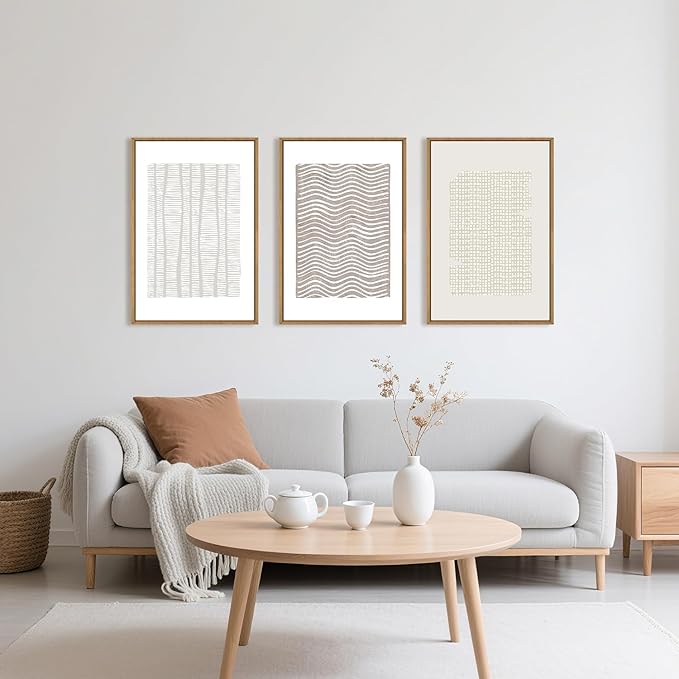 Large Abstract White and Beige Framed Canvas Wall Art,Geometric Dot and Line Wall Decor,Modern Wave Lines Artwork,Neutral Minimalist Shapes Art Print for Living Room,Bedroom,Office- 16"x24"x3