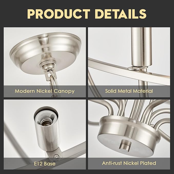 12 Light Brushed Nickel Chandelier, Large Chandeliers for High Ceilings, 36inch Metal Chrome Chandelier Light Fixture Metal Candle Chandelier with Long Chain for Dining Foyer Kitchen Bedroom