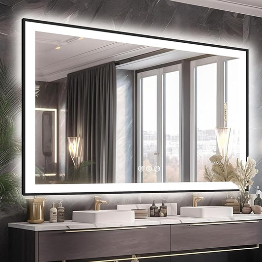 60x40 LED Mirror for Bathroom - Matte Black Framed, Anti-Fog Vanity Mirror with Lights, Stepless Dimmable, 3 Colors Smart