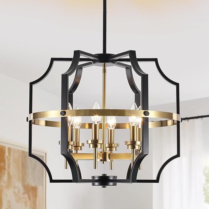 19.7'' Black and Gold Chandelier for Dining Room, 6-Light Farmhouse Industrial Chandelier Adjustable Modern Geometric Pendant Lights for Living Room Kitchen Entryway Foyer Hallway