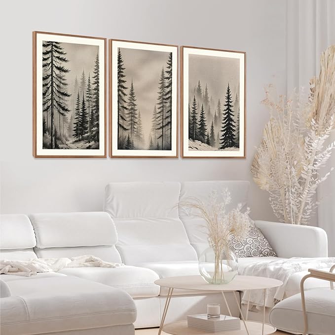 LHIUEM Abstract Misty Forest Framed Canvas Wall Art,Modern Pine Tree Wall Decor,Netural Woodland Painting,Rustic Foggy Landscape Artwork for Living Room,Bedroom,Dining Room -16"x24"x3