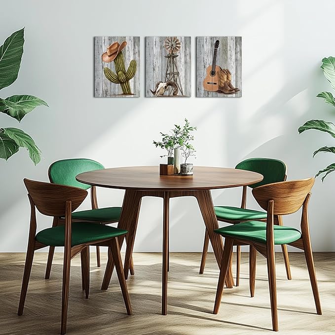 KLVOS 3 Pcs Cowboy Wall Art Vintage Western Canvas Print Cactus Windmill Cowboy Boots and Hat Painting on Wooden Background Picture Farmhouse Decor Framed