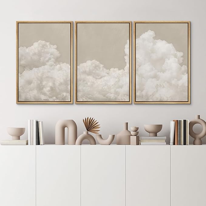 MUDECOR Framed Wall Art Print Set Serene Sky Filled with Fluffy Clouds Illustrations Modern Art Decorative Colorful Chic for Living Room, Bedroom, Office - 16"x24"x3 Natural