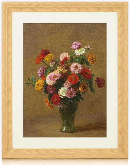 Brivoria Framed Canvas Wall Art Vintage Decor, Majestic Autumn Floral Still Life with Colorful Zinnias and Warm Rustic Tones for Living Room Bedroom Dining Room Fireplace or Gallery Display, 16"x20"