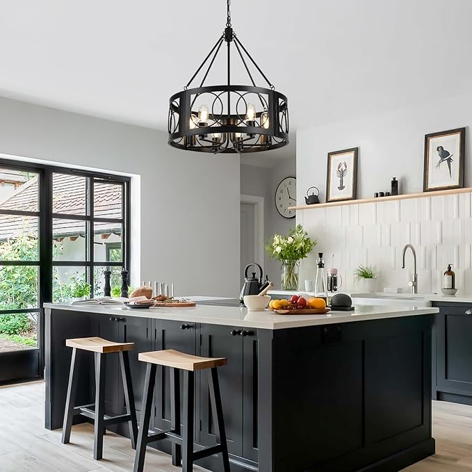 Modern Farmhouse Chandelier, 6-Light Black Chandeliers for Dining Room, 21.6'' Rustic Adjustable Pendant Lights Drum Light Fixture for Entryway Living Room Foyer Kitchen Island Bedroom, E26