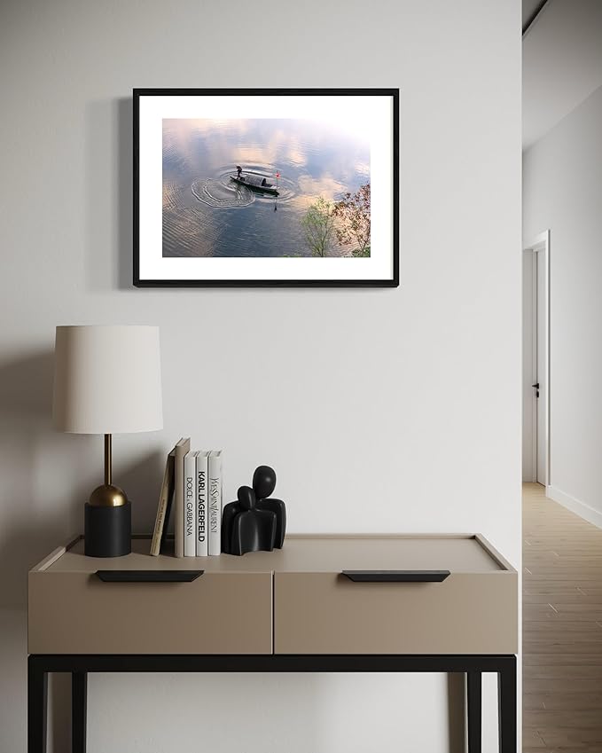 Oriental Beauty: Stunning Feng Shui Landscape Wall Art Prints for Home Decor in 3 Sizes (Silent Waters: Traditional Boatman at Dawn, 12" x 18")