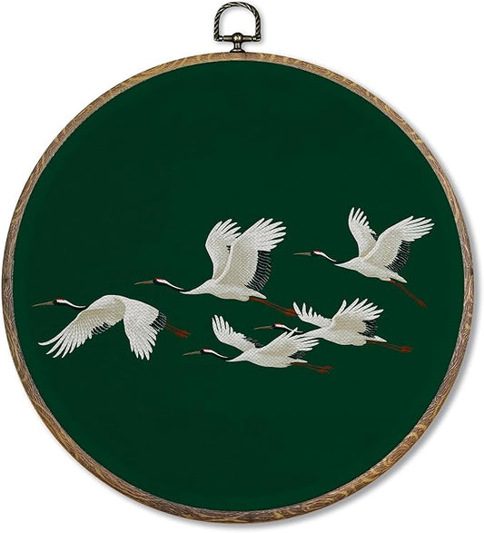 FUGWN Japanese Crane Round Wall Art Decor Framed, Japandi Canvas Artwork Prints, Dark Green Asian Oriental Japanese Crane Bird Wall Hanging Decorations for Home Bedroom Living Room, 10x10 Inch