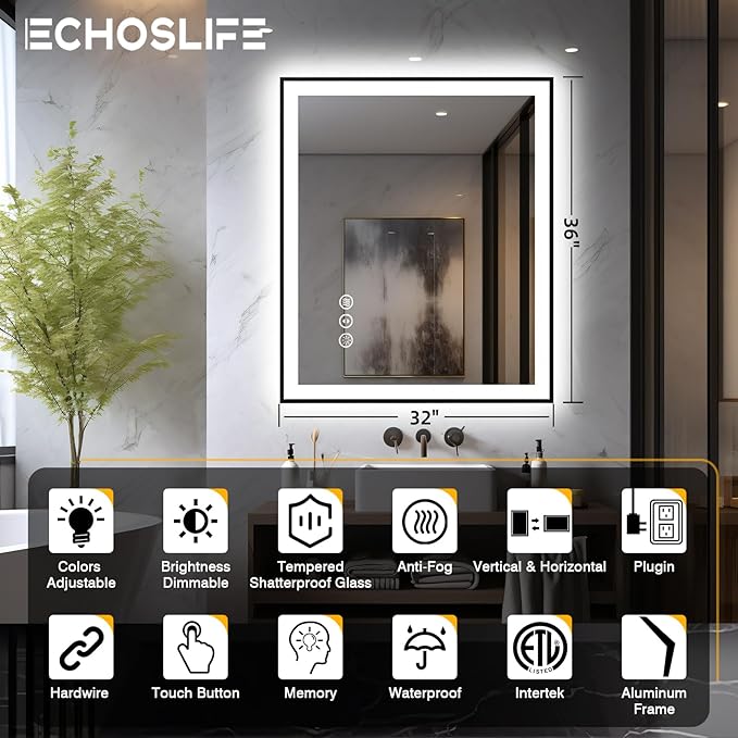 32x36 LED Bathroom Mirror - Black Border (Front and Backlit), Anti-Fog Vanity Mirror with Lights,Stepless Dimmable Illuminated Mirror,3 Colors Smart Mirror(Horizontal/Vertical)