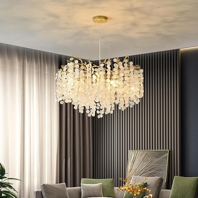 32 Inch Gold Crystal Chandelier, 10-Light Coastal Chandeliers for Dining Room, Large Modern Tree Branch Light Fixtures, Seashell Chandelier for Entryway Foyer Bathroom Living Room, E12