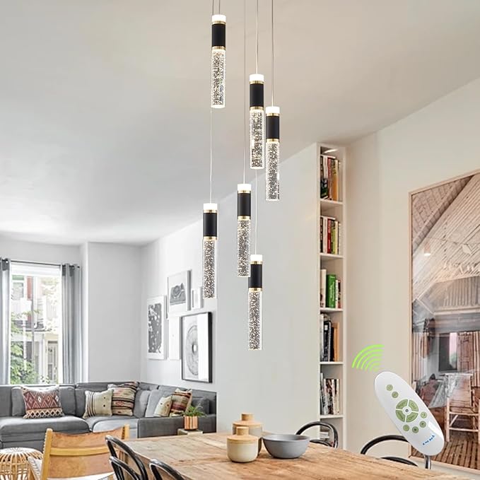 6-Lights Led Chandelier, Black and Gold Crystal Modern Led Chandelier for Dining Room, Luxury Dimmable Enterway Led Pendant Lights Fixture with Remote Control Flush Mount