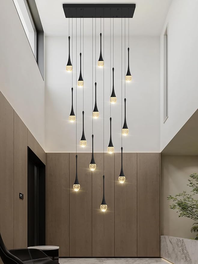 Modern Rectangular Chandelier,14 Lights Black Raindrop Chandelier Lighting,Industrial Linear Pendant Ceiling Light Fixture for Dining Living Room Kitchen Island