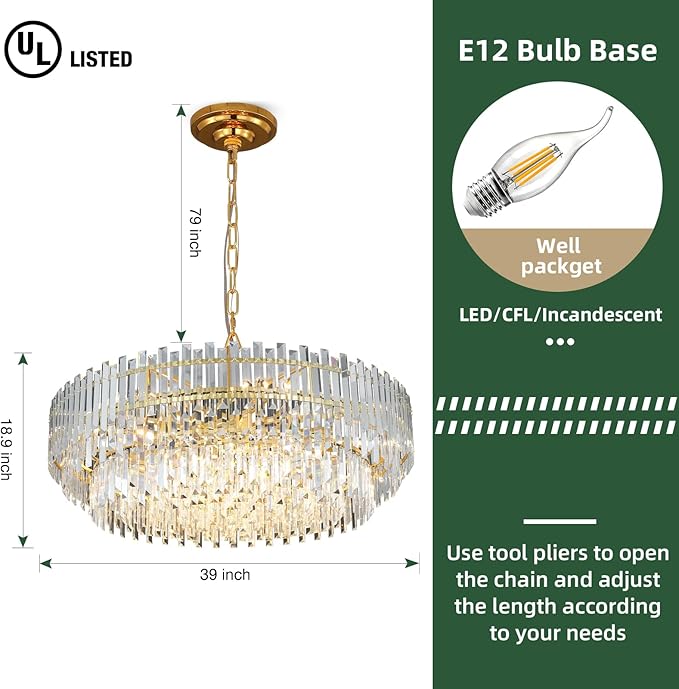 39" Modern Crystal Chandelier, 3-Tier Gold Pendant Light with 17 Lights, Luxury K9 Crystal Ceiling Fixture for Dining Room Living Room Foyer