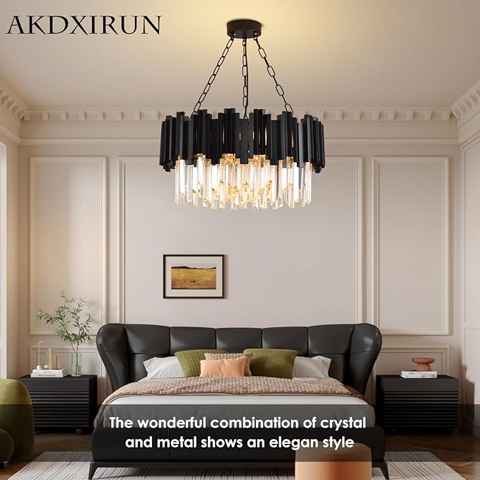 Black Crystal Chandelier Modern Crystal Chandelier for Dining Room Living Room 9-Light Round Contemporary Chandeliers Ceiling Hanging Pendant Light Fixture for Entryway Foyer Bedroom Staircase W22"