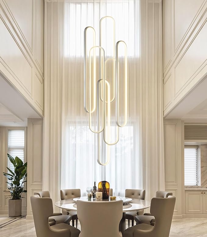 6 Rings Modern Chandelier LED Dimmable Pendant Lighting High Ceiling Chandelier for Entrance Foyer Lobby Staircaes Sliver 118''