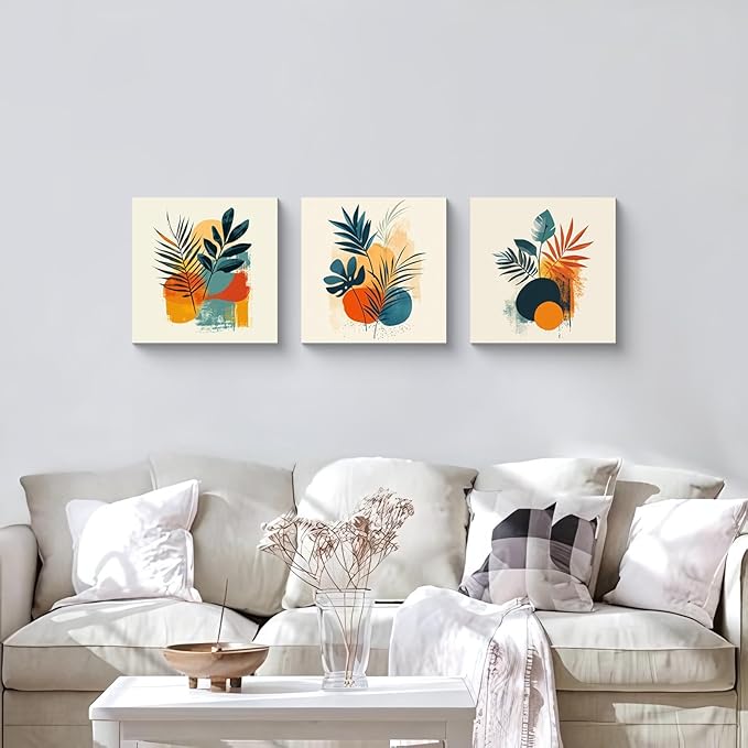 NAN Wind 3Pcs Tropical Leaf Wall Art Palm Frond and Foliage Canvas Print with Bold Orange Teal Yellow Shapes Mid-Century Modern Botanical Plant Pictures for Boho Living Room Bedroom Office Wall Decor