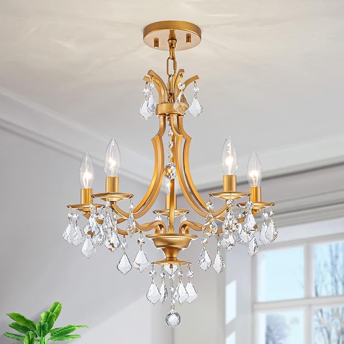 5-Light Crystal Maria Theresa Chandeliers, Pendant Light Fixture for Dining Room, Living Room, D17 x 21~69" (Adjustable Height), Clear Crystal & Gold Finish Frame