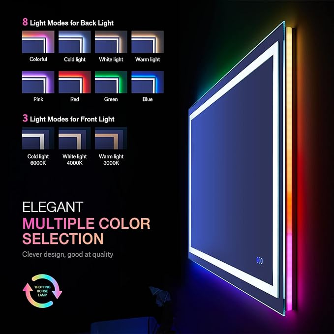 LOAAO 32”X36“ RGB LED Bathroom Mirror with Lights, Large, Anti-Fog, Dimmable Smart Lighted Bathroom Vanity Mirror, Multiple Light Modes, RGB Backlit + Front Light, Memory Function, Tempered Glass