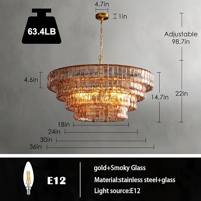 Large Chandelier, 36" Gold Chandelier for Dining Room, 6-Light Round Drum Kitchen Island Hanging Light Fixture Perfect for Living Room, Bedroom,Kitchen, Foyer