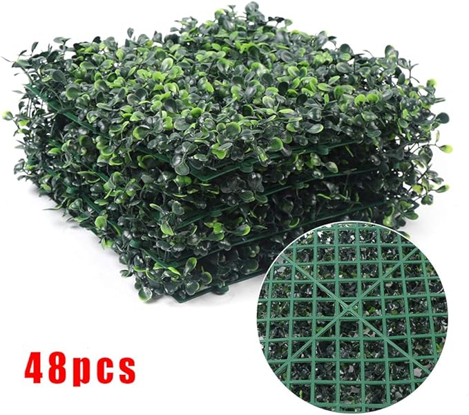48 PCS Grass Wall Panels, 10"x 10" Artificial Boxwood Hedge Greenery Backdrop Covers, Privacy Hedge Screen for Indoor Outdoor Garden Backyard Fence
