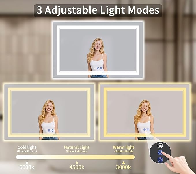 36"x60" LED Bathroom Mirror with Lights, Anti-Fog, Backlit + Front Lit, Dimmable, Led Vanity Mirror for Wall, 3 Colors, Memory Function, Shatter-Proof Tempered Glass